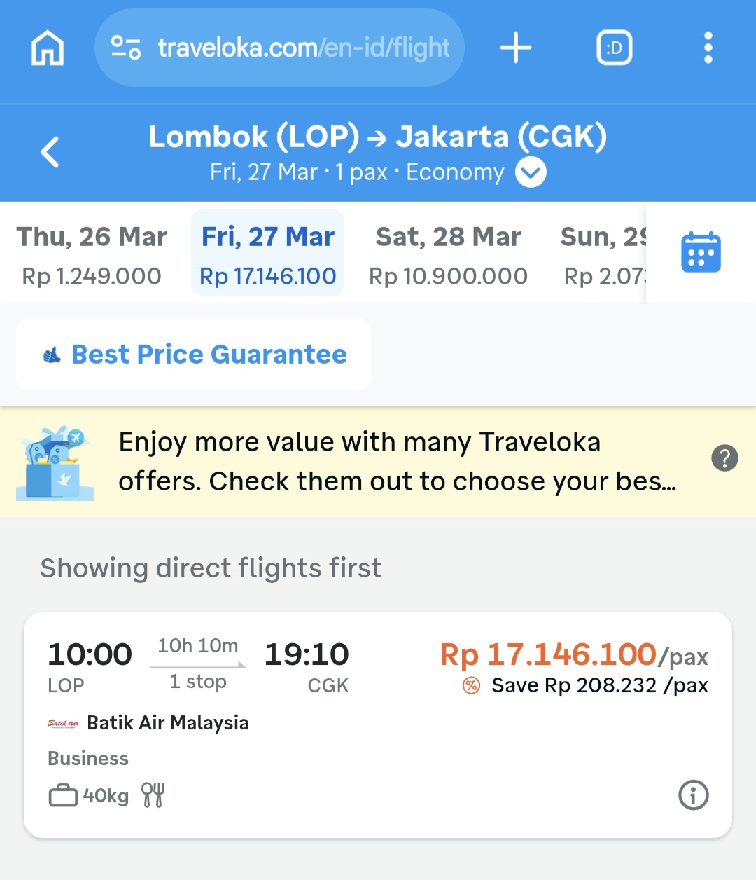 Lonjakan Signifikan! Harga Tiket Pesawat Lombok-Jakarta Tembus Rp17 Juta Jelang Akhir Maret 2026