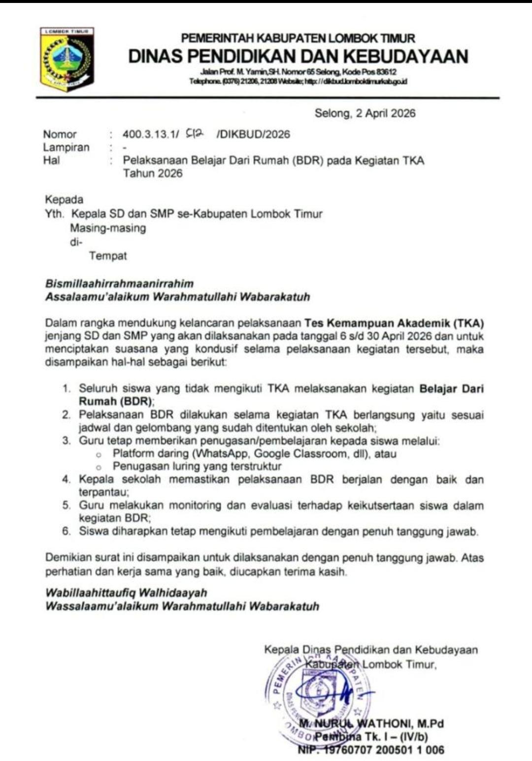 Dinas Dikbud Lombok Timur Terbitkan Edaran Belajar Dari Rumah Selama Pelaksanaan TKA 2026