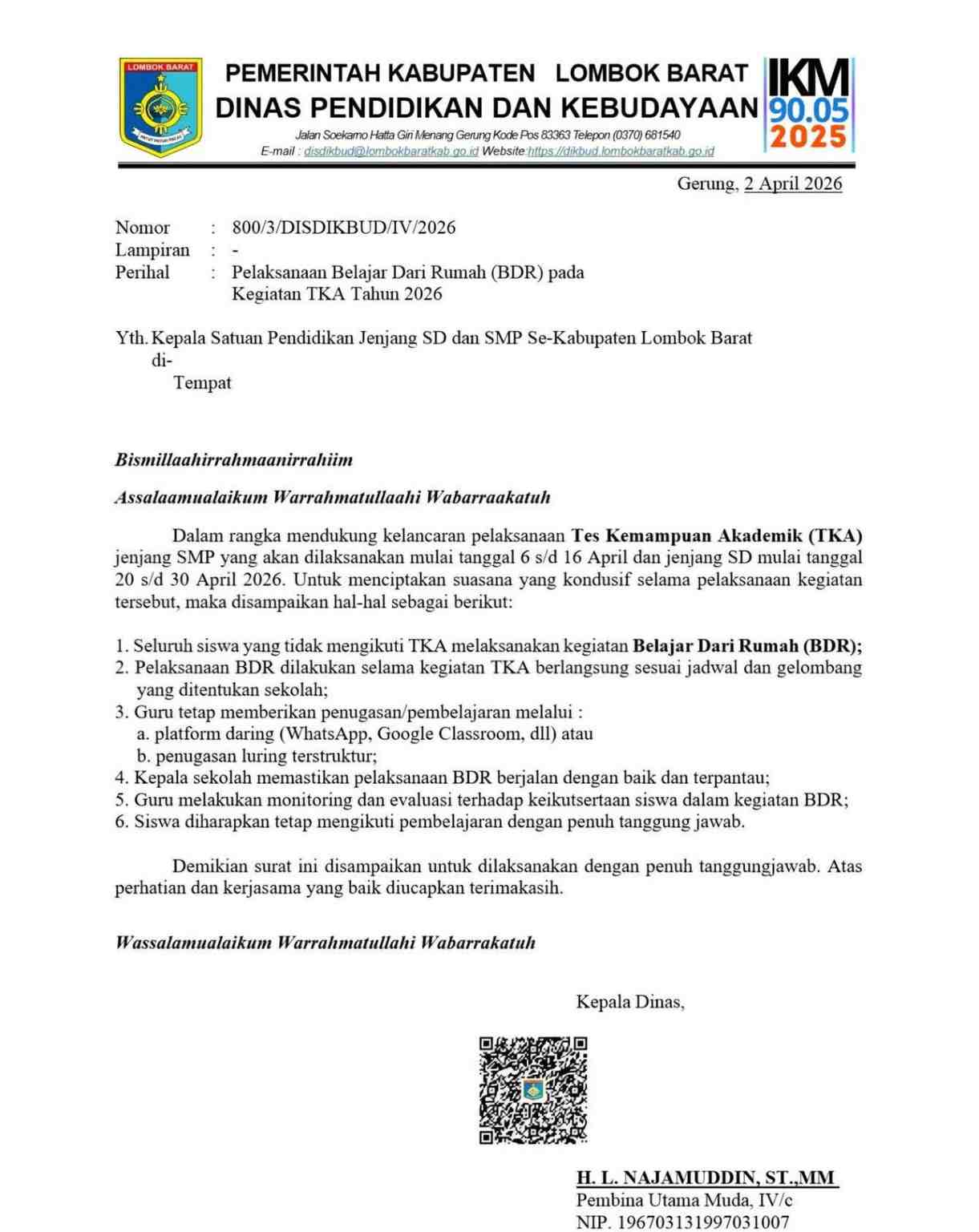 Dinas Pendidikan Lombok Barat Terbitkan Surat Edaran Belajar Dari Rumah Saat TKA 2026