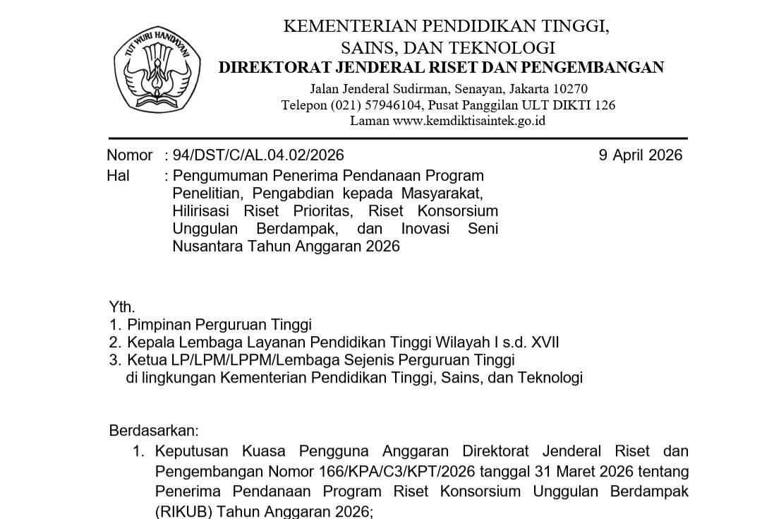 Realisasi Pendanaan Riset 2026 Capai Rp1,7 Triliun, Rasio Kelulusan Proposal Hanya 17 Persen