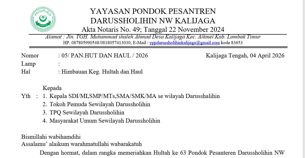 Hultah ke-63 Ponpes Darussholihin NW Kalijaga dan Haul ke-15 TGH Muhammad Shaleh Ahmad Digelar April 2026, Ini Jadwal dan Rangkaiannya