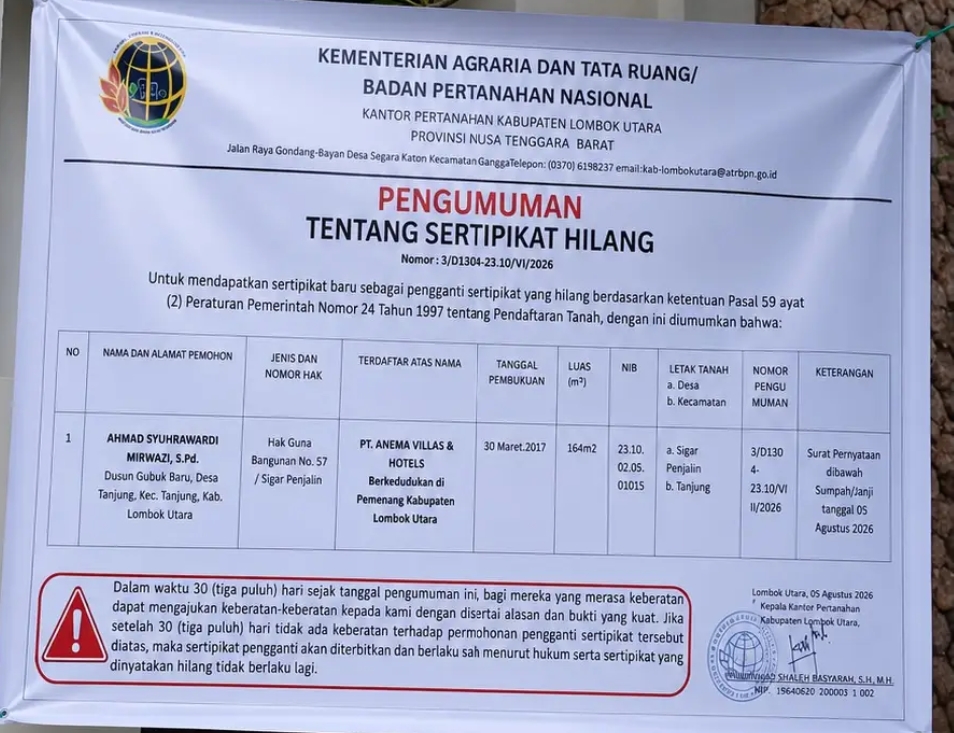 SHGB PT ANEMA Villas Hilang, Kantah Lombok Utara Terbitkan Sertipikat Pengganti